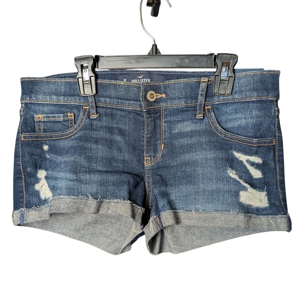 New Hollister Women's Blue Jean Denim Shorts Distressed Style Low Rise Fitted - Picture 1 of 9